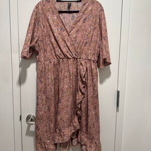 Plus Floral Print Overlap Collar Flutter Sleeve Ruffle Trim Dress Pink 2XL